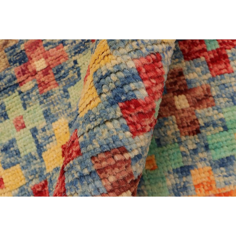 Modern Balochi Golden Blue/Red Hand Knotted Wool Rug - 3'4'' x 5'1''