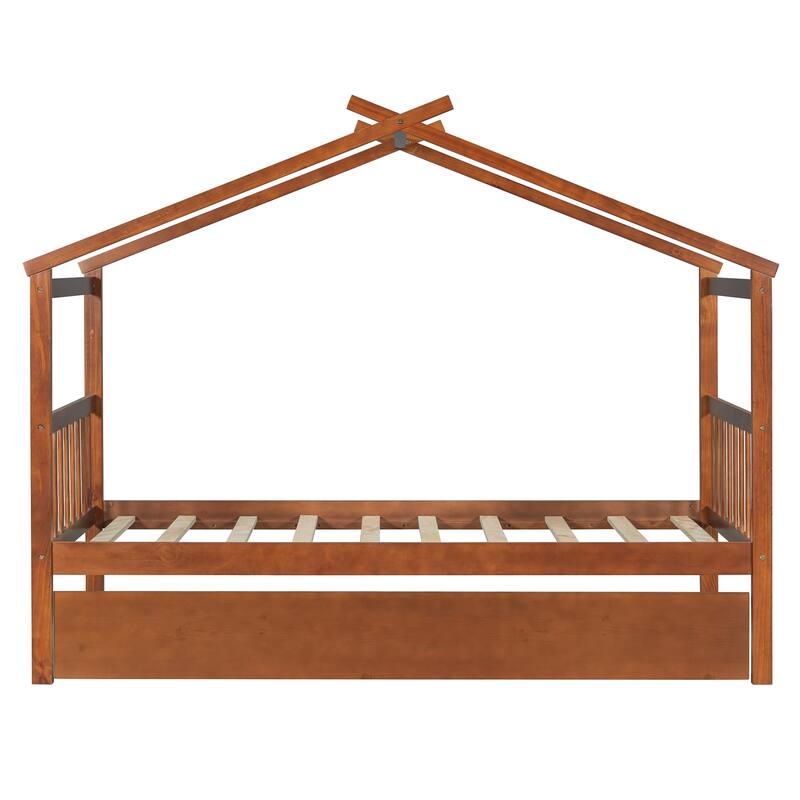 Roomfitters Twin Size Wooden House Bed with Pull-Out Twin Trundle, Montessori Playhouse Bed Frame, Walnut