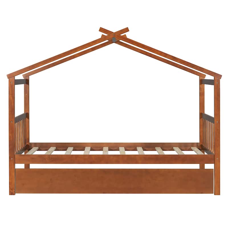 Twin Size Wooden House Bed with Twin Size Trundle, Walnut