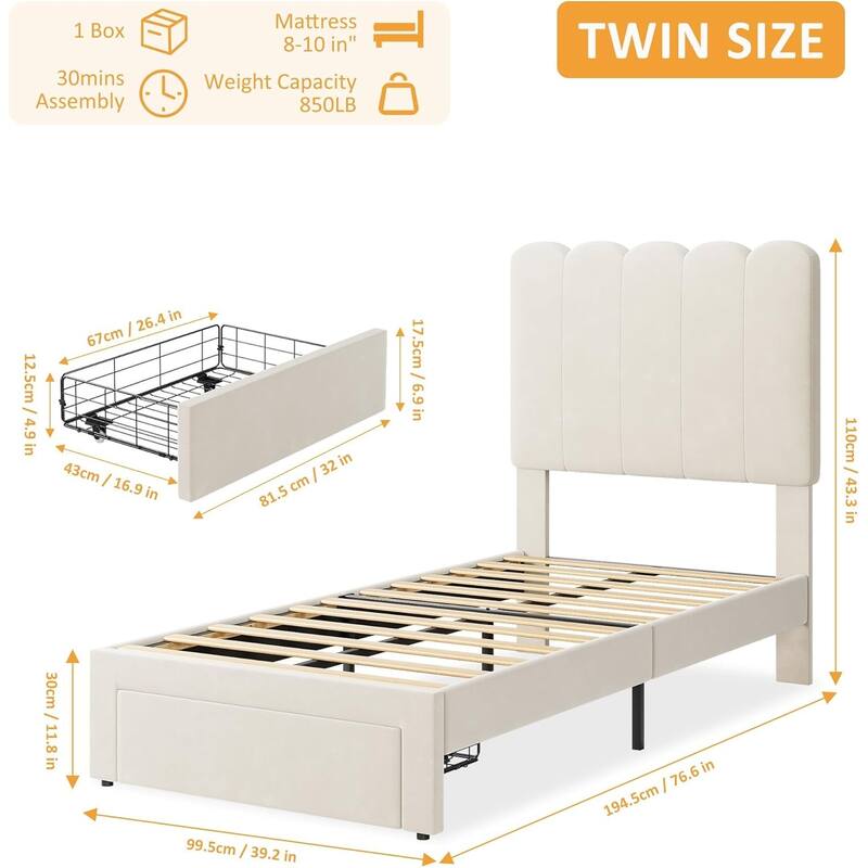 Twin Velvet Upholstered Platform Bed Frame with Wave Headboard & Drawer, No Box Spring Needed, Wood Slats, Noiseless
