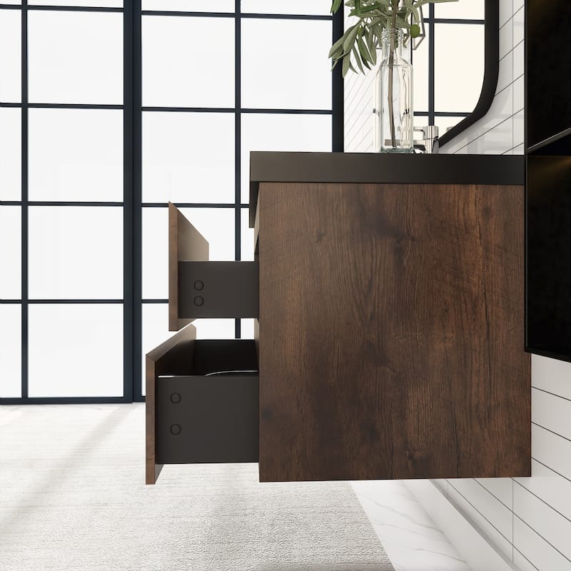 24/30/36 inch Wall-Mounted Bathroom Vanity Set in Rose Wood with Integrated Black Resin Sink