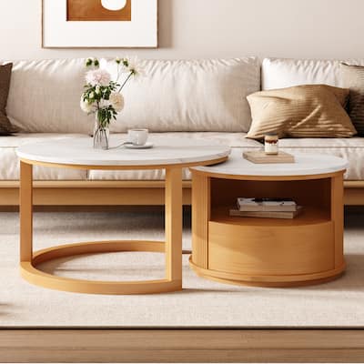 Round Nesting Coffee Table with White Marble Top, 2-Tier Storage with Drawer, Natural Finish