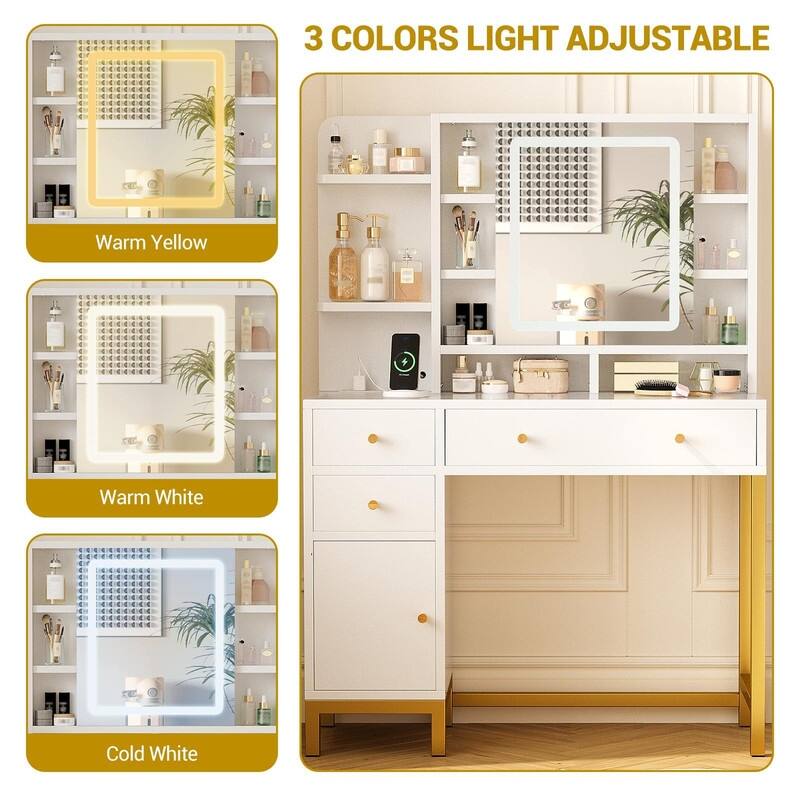 Makeup Vanity Desk with LED Lighting, Large Mirror, 3 Drawers, Cabinet & Open Shelves