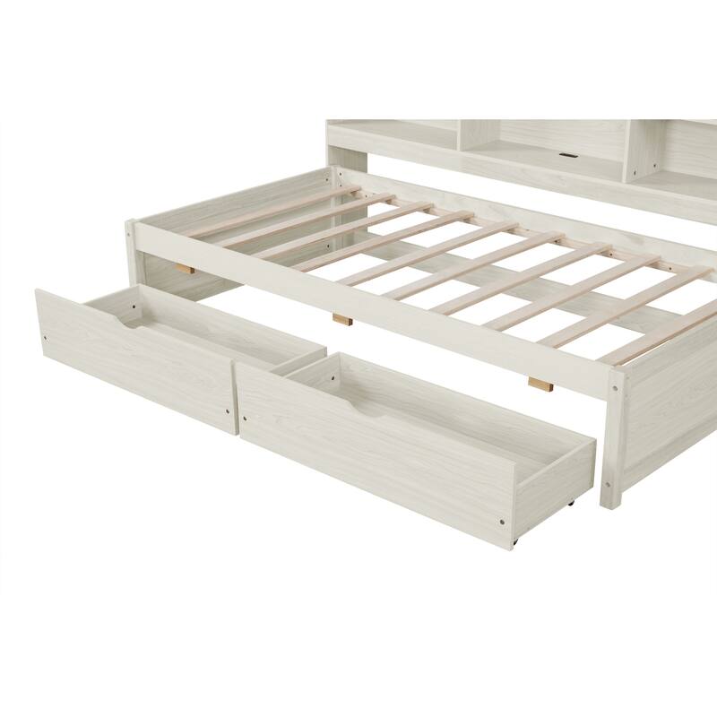 Twin Bed Frame Wooden Platform Twin Bed with Built-in USB Port, Side Bookshelves and 2 Drawers