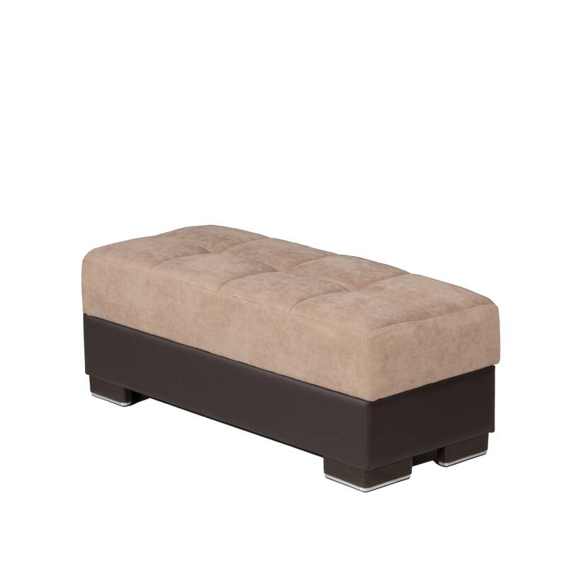 HomeRoots 52" Tan and Brown Chenille And Faux Leather Storage Ottoman