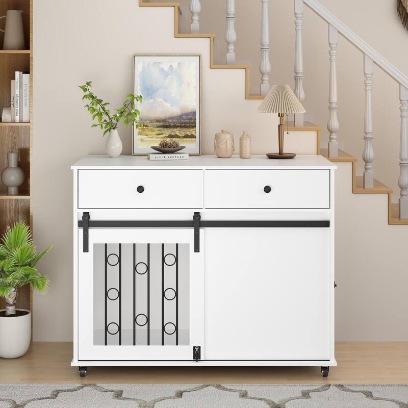 39.37" Dog Crate Furniture with Double Drawers and Sliding Barn Door, Decorative Pet Kennel End Table with Lockable Wheels