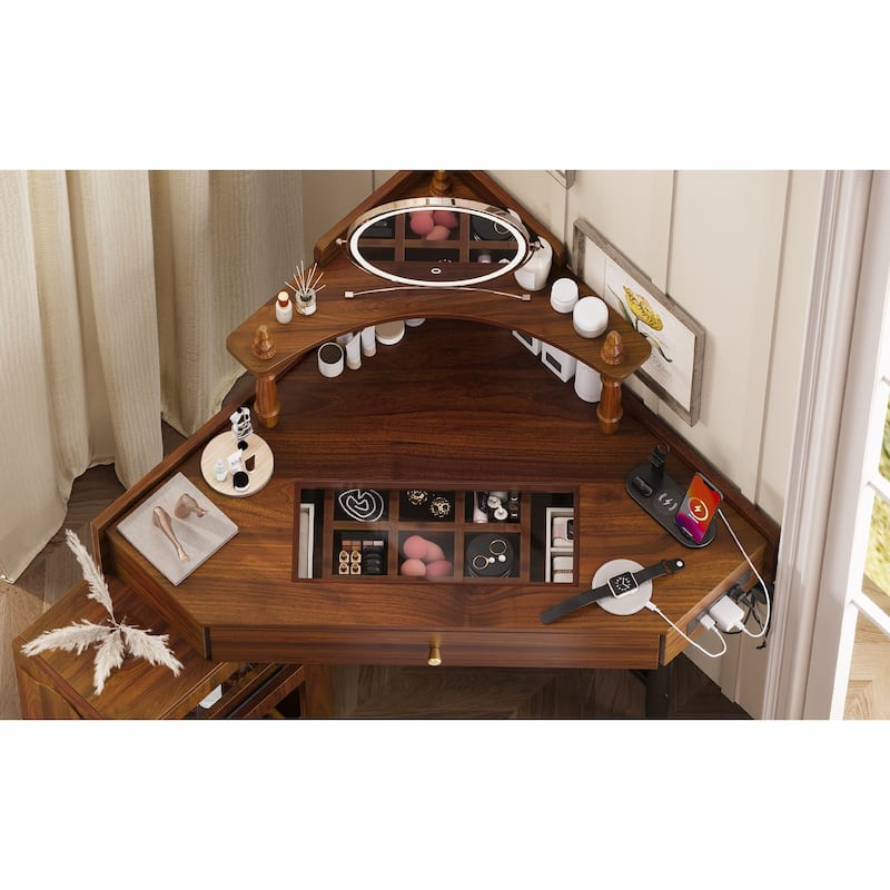 Corner Vanity Desk Set with Storage Stool, Glass Tabletop Makeup Vanity, Dressing Table with Side Cabinet, Drawer & Shelf