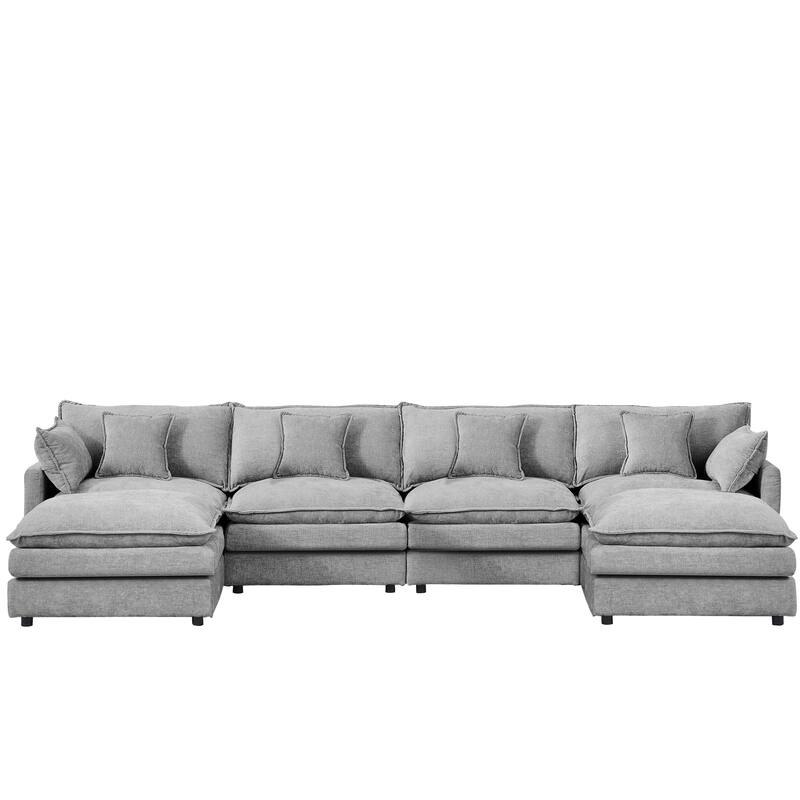 U Shaped Modular Sectional Sofa with Movable Ottoman, Comfy Chenille 4-Seater Cloud Couch, High-Resiliency Foam Deep Seat Sofa