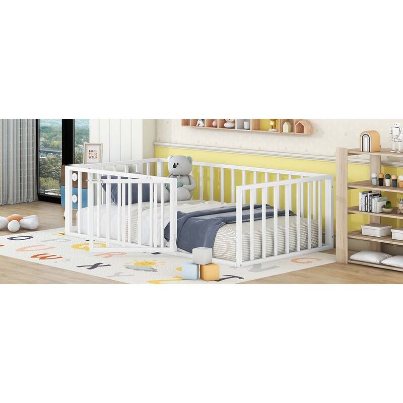 Metal Floor Bed Frame with Fence & Door
