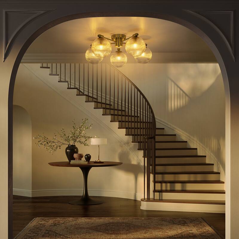 22 in. 5-Light Modern Brass Clear Ribbed Glass Globe Semi-Flush Mount Ceiling Light - 22.05 in. diameter x 8.66 in. height