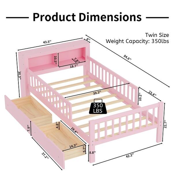 dimension image slide 1 of 2, Twin Size Bed with Headboard Storage Rack, Two Under-Bed Drawers, Three-Side Guardrails for Safety and Security