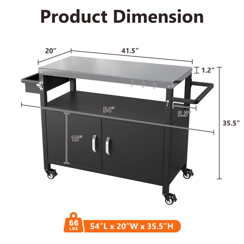 Pocassy Outdoor Grill Cart with Storage Cabinet Metal Kitchen Island Prep Table.