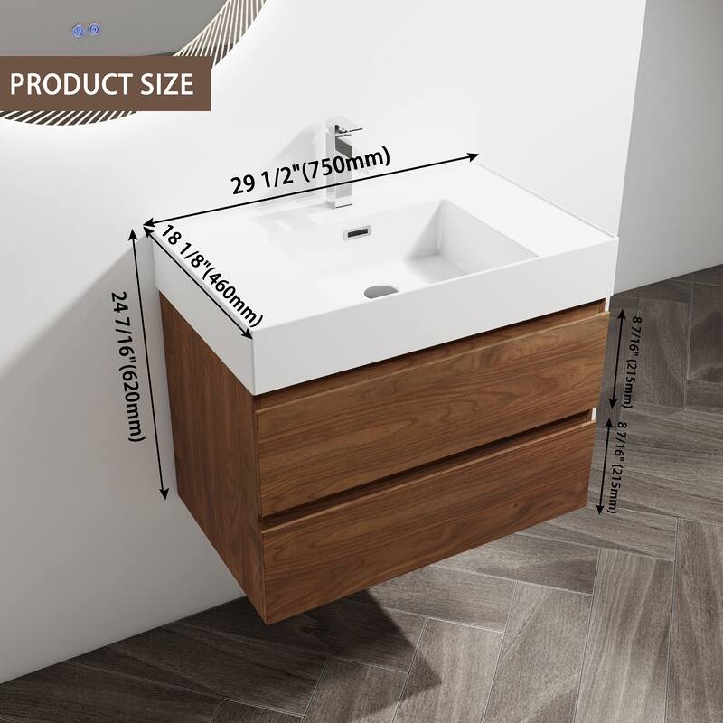 24/30/36 Single Sink Wall-Mounted Bathroom Vanity with Integrated Thick Edge Resin Sink