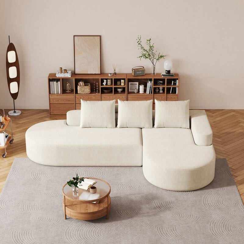 L Shaped Modular Curved Sectional Sofa, Chenille Upholstered 3 Seat Sofa, Corner Sofa with 3 Pillows for Living Room, Bedroom