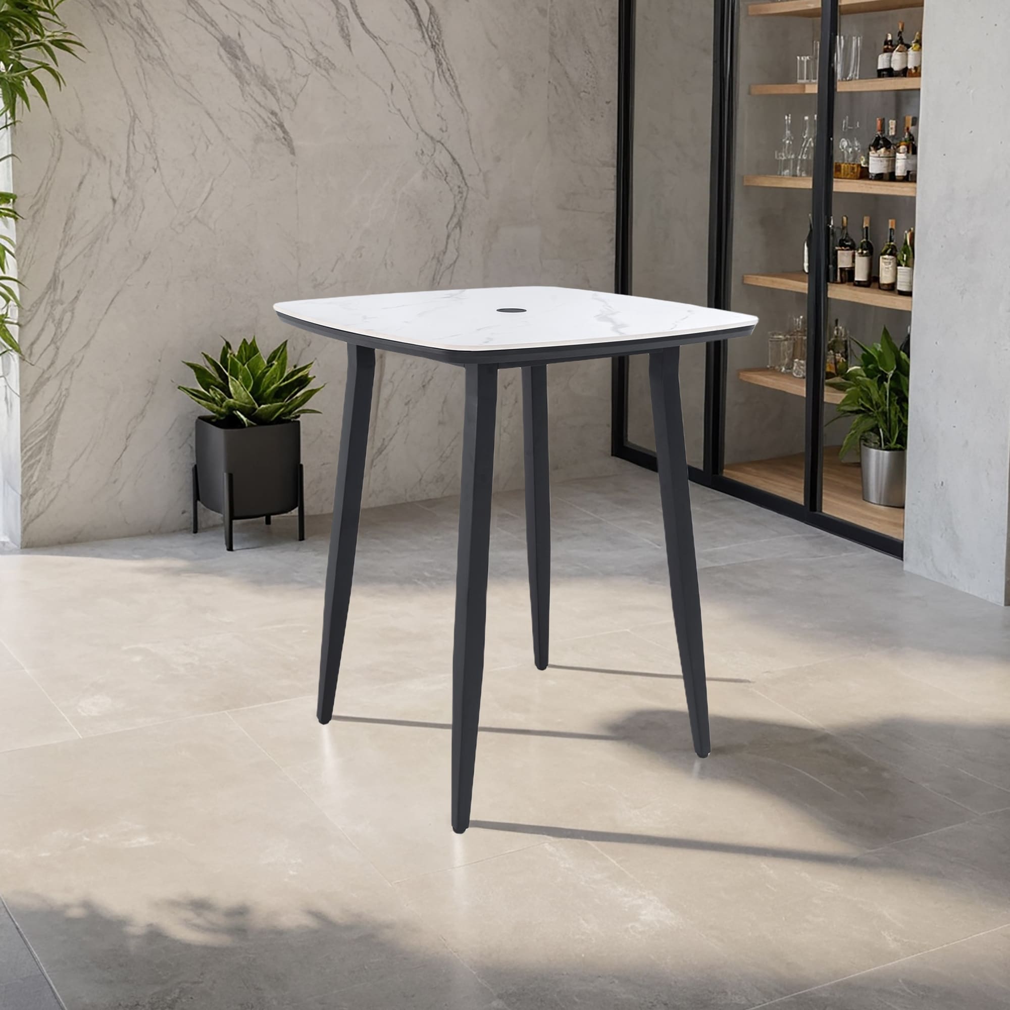 Modern 35.4'' Rounded Square Outdoor Bar Table, Greek Marble-Inspired Sintered Stone Top, Umbrella Hole