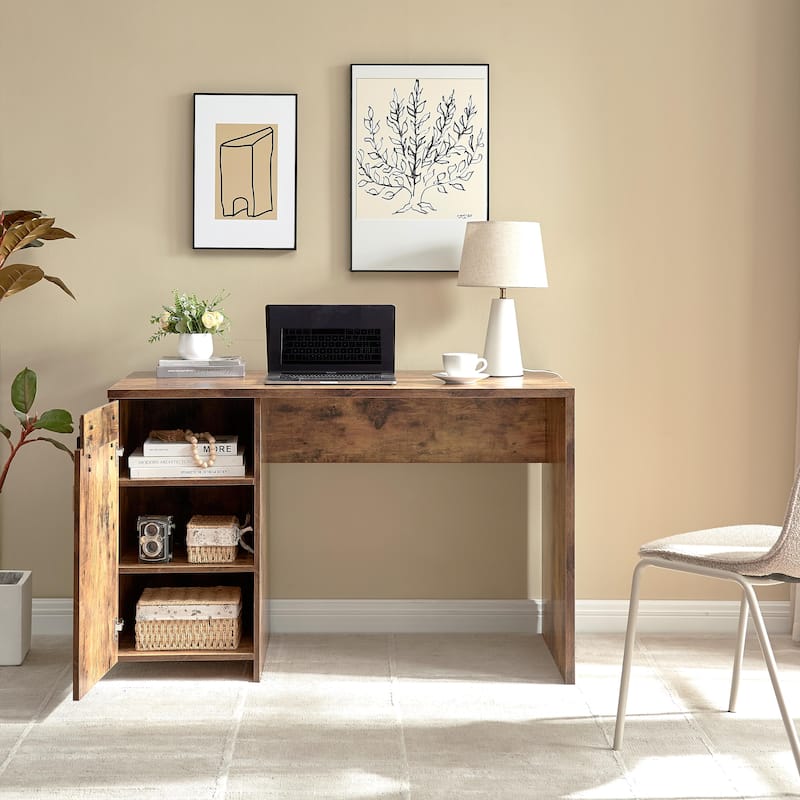 Home Office Desk Distressed Wood One Cabinet Three Shelves Faux Barn Door on Metal Euro Hinges Modesty Panel