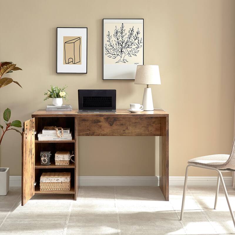 Rustic Home Office Desk with Faux Barn Door Cabinet, Removable Shelves, and Finished Distressed Wood Look