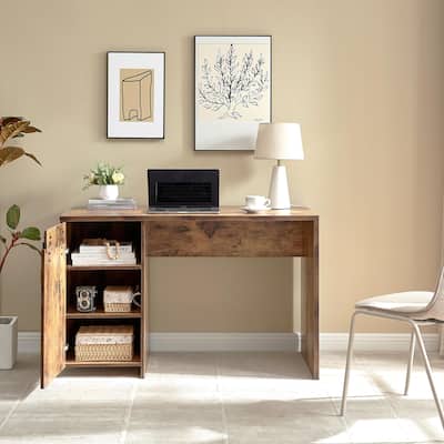 Wood Home Office Desk with One Cabinet Three Shelves and Faux Barn Door