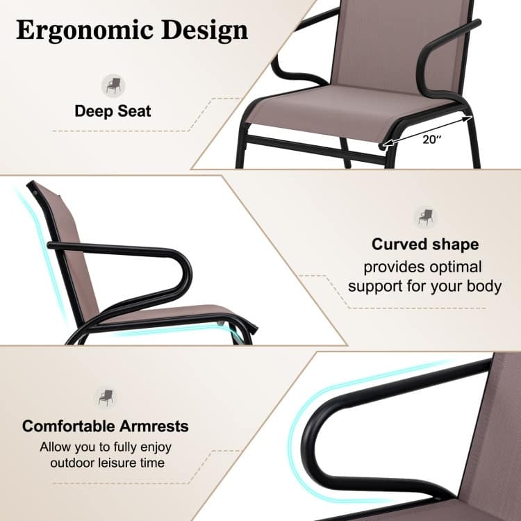 Black and Brown Patio Chairs Set of 2 with Metal Frame, Fabric Seat and Ergonomic Design - 28.5" x 21" x 30.5"