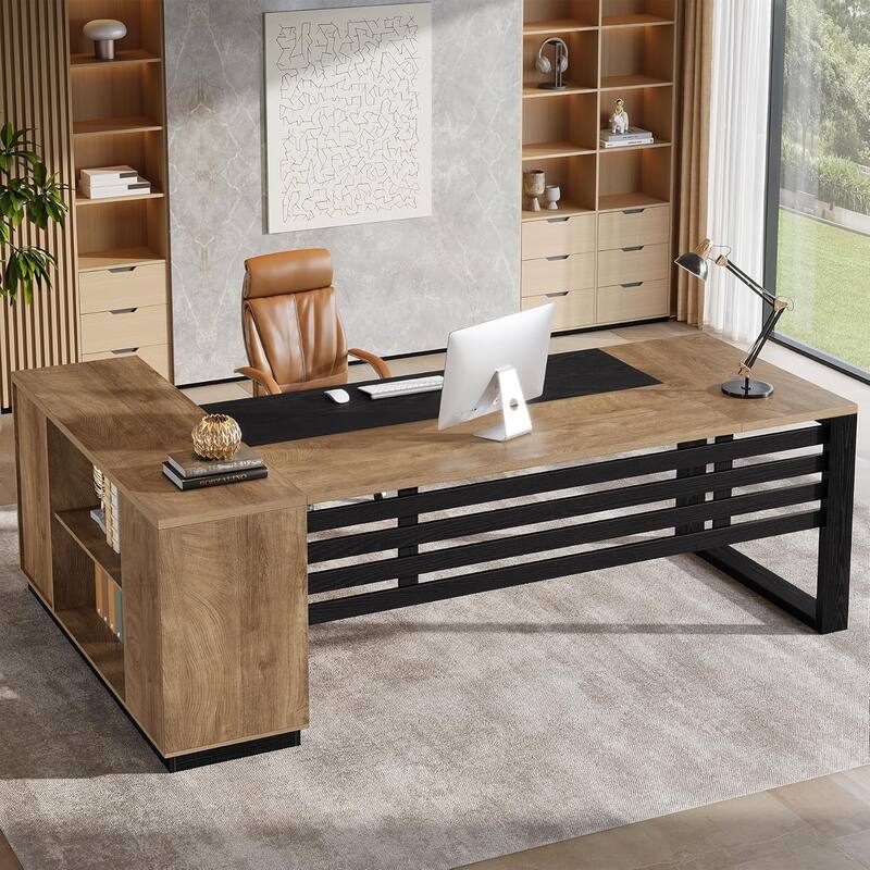 78" L Shaped Executive Desk, Modern Wood Office Desk with Cabinet Storage & Shelves - Rustic Brown + Black