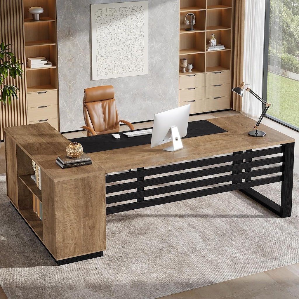 78" L Shaped Modern Wood Executive Office Desk with Storage Cabinet & Shelves