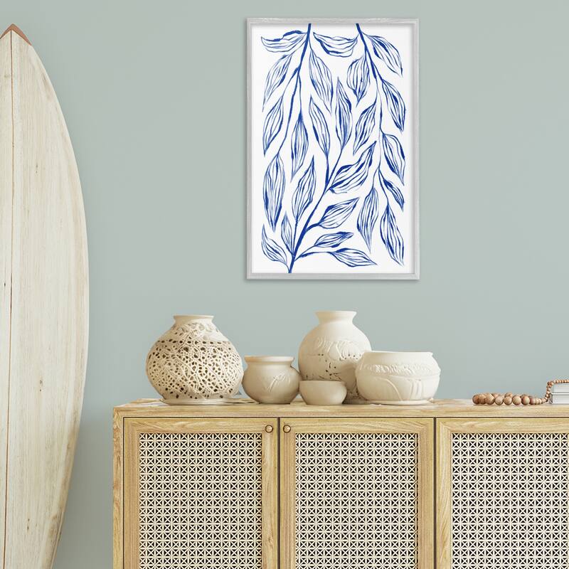 Stupell Simple Blue Leaves on White Framed Giclee Art Design By Martina Pavlova