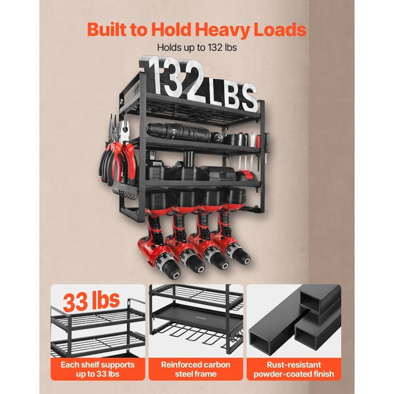 4-Tier Black Wall-Mounted Power Tool Rack with Drill Slots Shelves and Hooks for Garage Storage - 19.29” x 7.87” x 14.57”