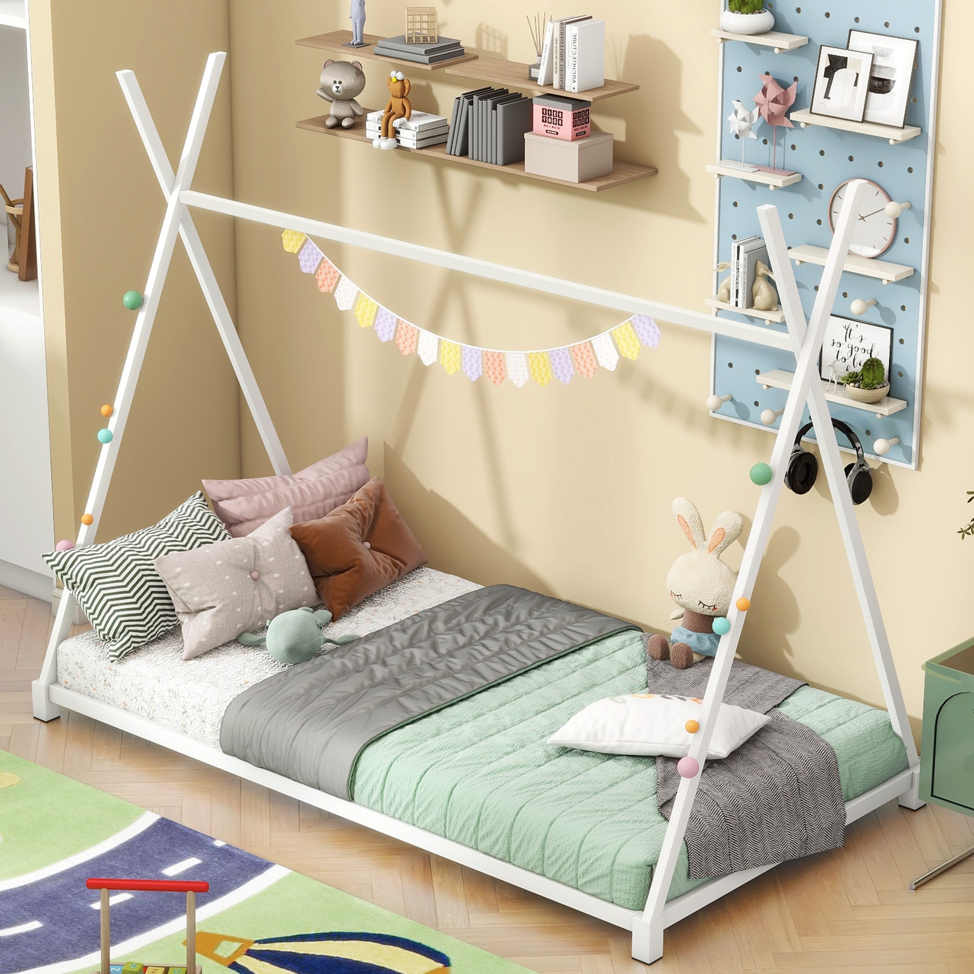 Twin Size Metal House Platform Bed with Triangle Structure