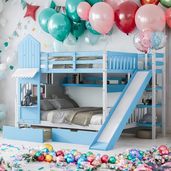 slide 2 of 66, Elegant Full Over Full Bunk Bed With 2 Drawers,3 Shelves and Slide,Sturdy Frame,s Blue