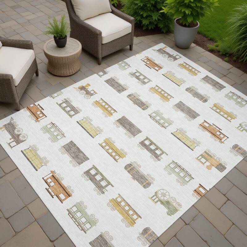 Machine Washable Indoor/ Outdoor Modern Train Chantille Rug