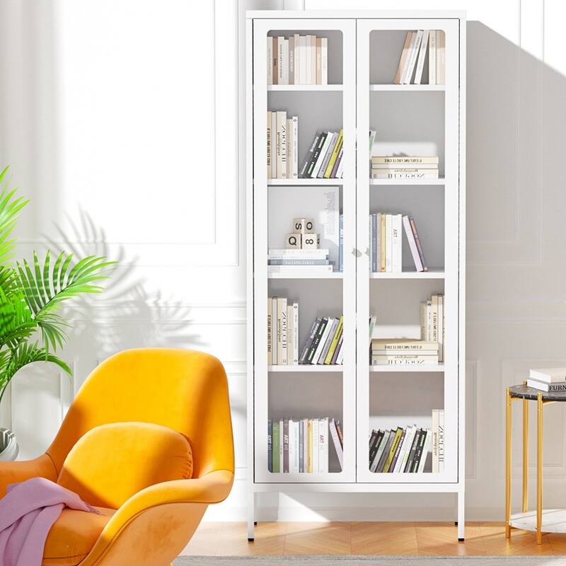 67" Display Curio Glass Metal Storage Cabinet Bookshelves with Glass Doors and 4 Adjustable Shelves - White