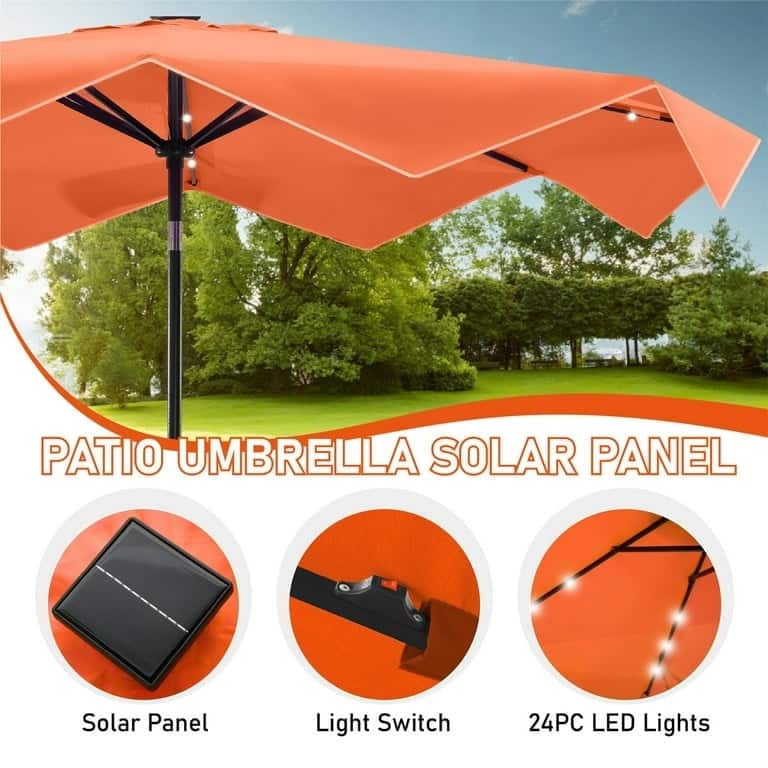 10Ft Patio Ruffled Edge Umbrella Auto-Tilt Crank Umbrella with LED Lights
