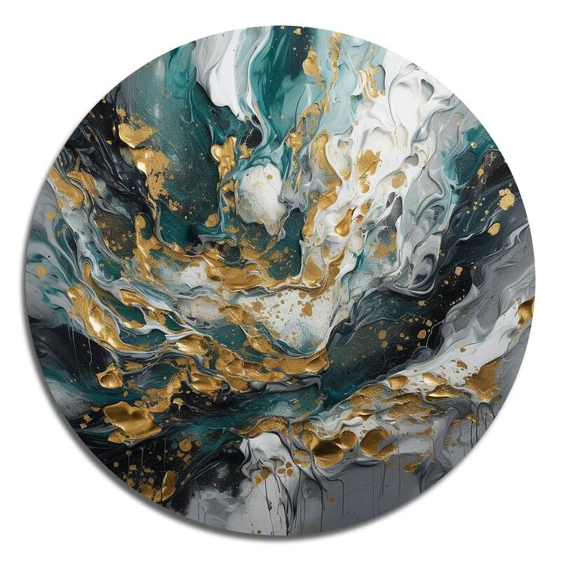 Designart "Gold Teal Ink On Stone" Abstract Metal Circle Wall Decor
