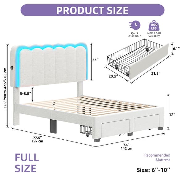dimension image slide 2 of 3, Adjustable Headboard Lamb Wool Bed Frame with Drawer and Charging Station & LED Lights