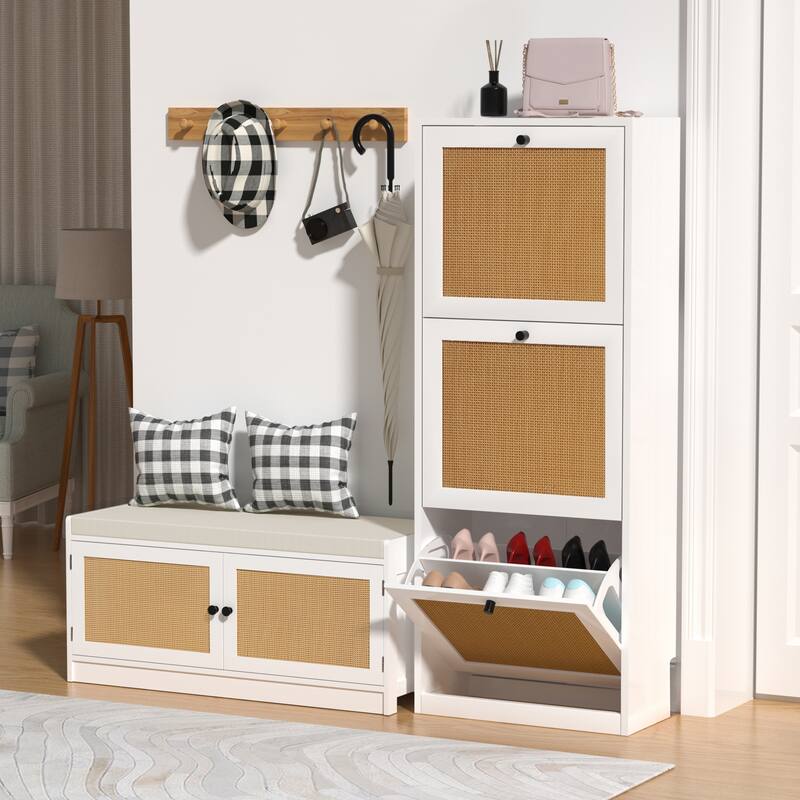 Anmytek 3 Layer Wood Rattan Shoe Cabinet with 3 Flip Drawer Narrow Shoe Storage Organizer