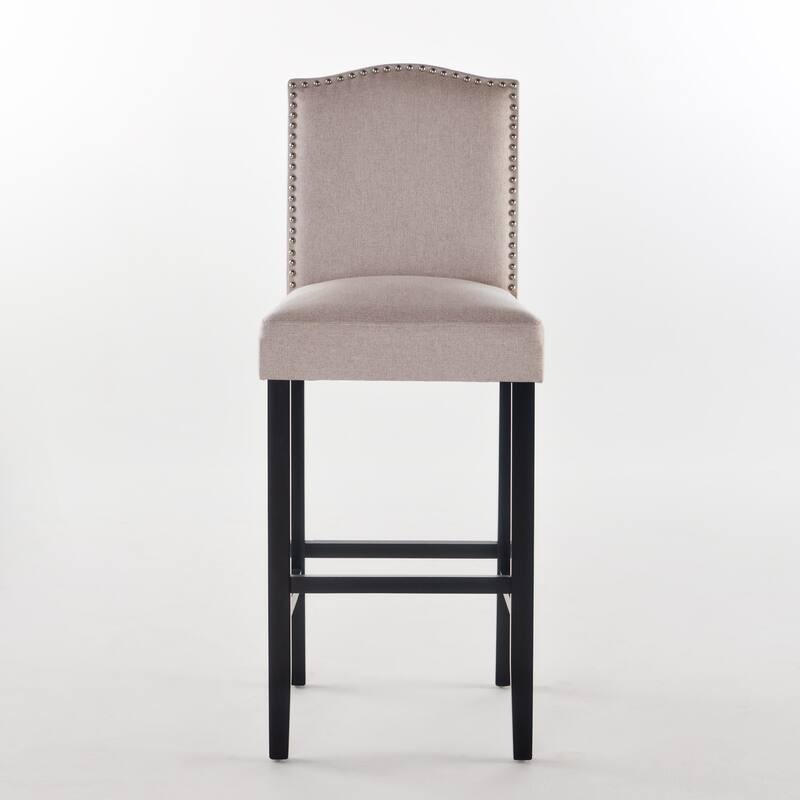 Modern Set of 2 Bar Stools with Leather Cushioned Backrests, Nailhead Trim, Solid Wood Legs for Dining Room Living Room Bar