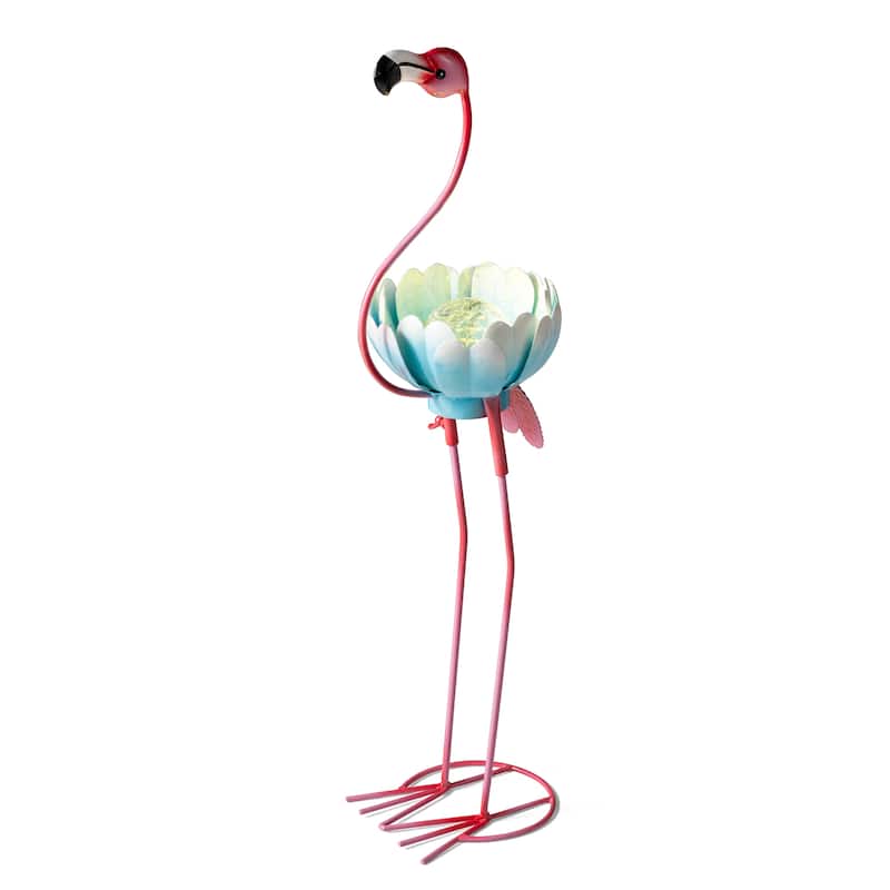 Glitzhome 26.25"H Standing Flamingo Solar Lighting Metal Statue for Outside Patio Lawn Balcony Backyard Decorations