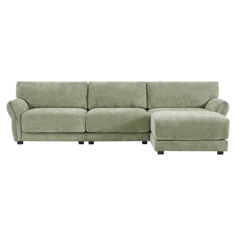 110 Inch L-Shaped Chenille Sectional Sofa with USB and Type-C Charging, Petal Armrests, Movable Ottoman for Living Room
