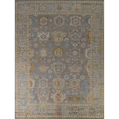 Vegetable Dye Oushak Turkish Area Rug Handmade Blue Floral Wool Carpet - 8'1" x 9'11"