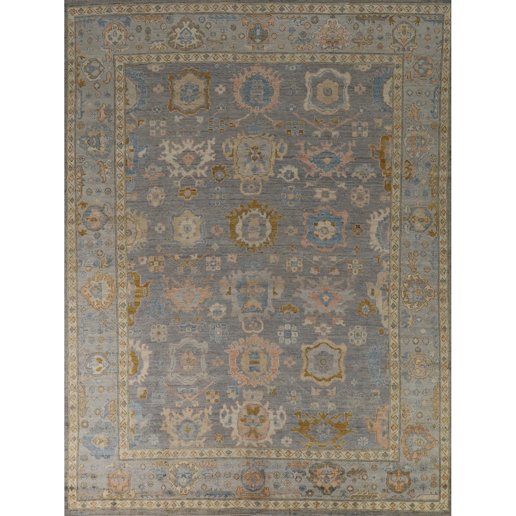 Hand Knotted Oriental 100% Wool Carpet Transitional All-Over Navy Blue & Blues Oushak Area Rug - 9' 11'' X 8' 1''