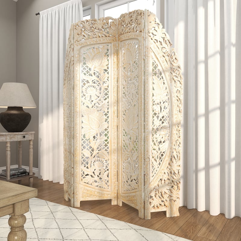 Wood Floral Handmade Foldable Arched 4 Panel Room Divider Screen with Intricately Carved Designs - White - Roche River Decor
