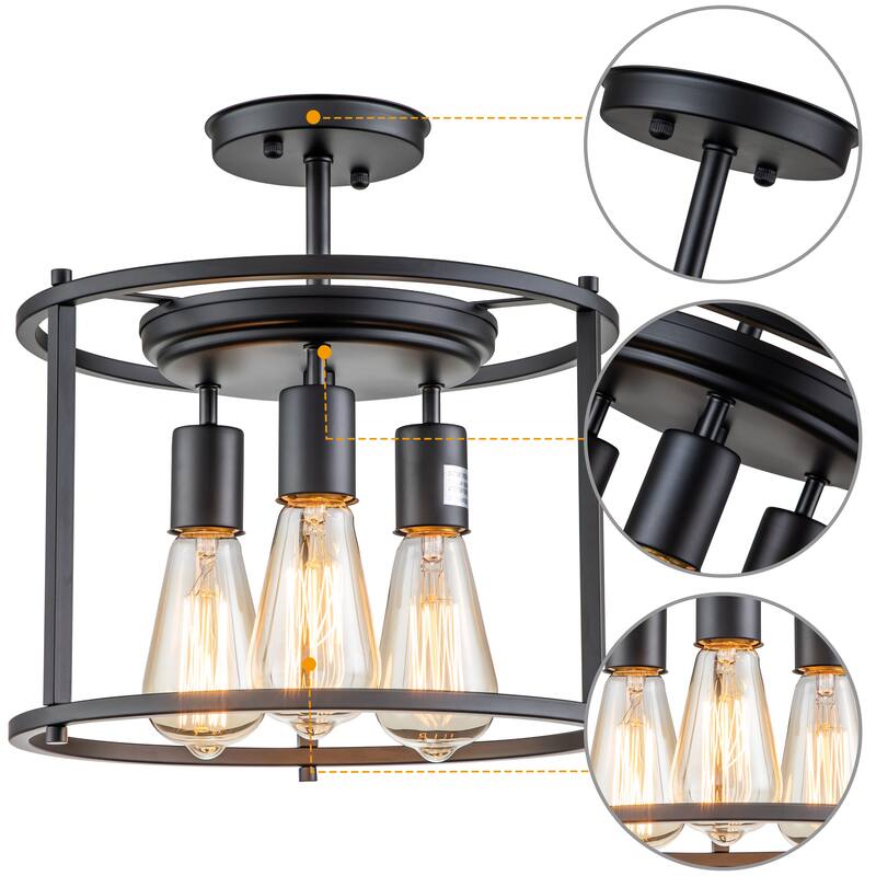 3-Light Black Drum Cage Semi Flush Mount Light