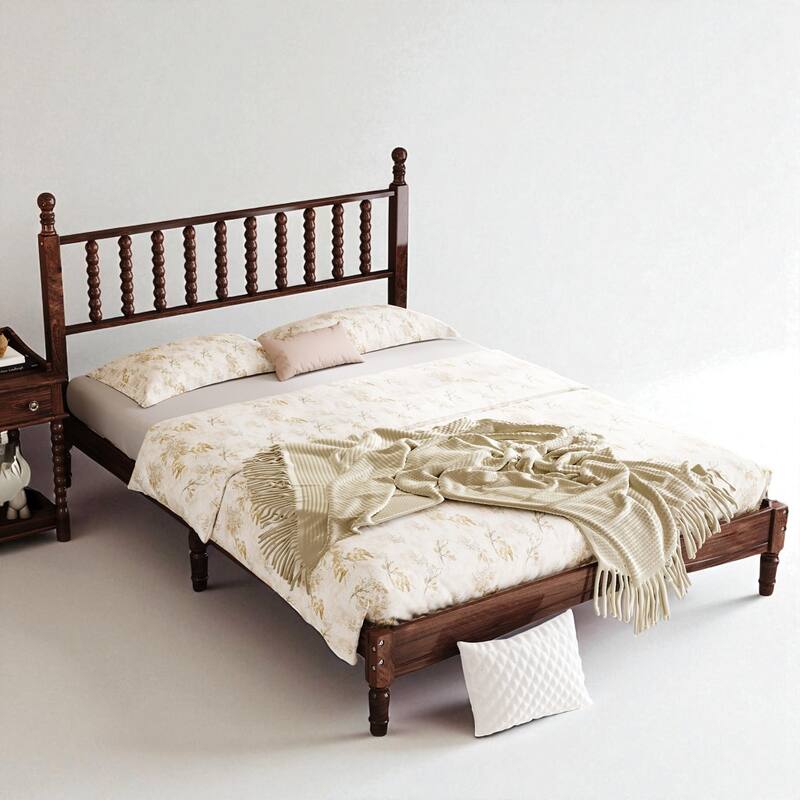 Queen Size Retro Wood Platform Bed with Gourd Shaped Headboard and Wooden Slats