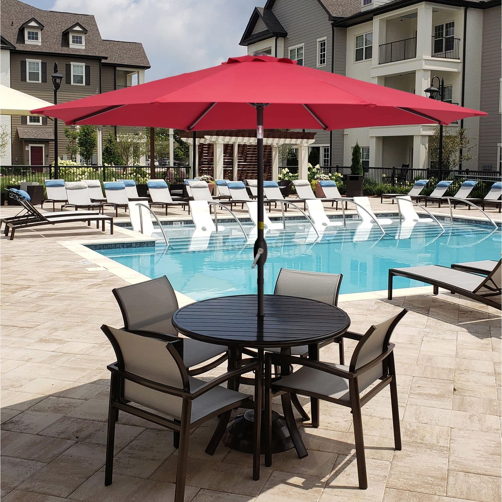 9 ft steel crank and tilt patio umbrella in ruby 9FT with Lift & Add refreshing shade and a splash of vibrant color to your outdoor furnishings with this half round wall hugger umbrella 9' Red Crank Lift and