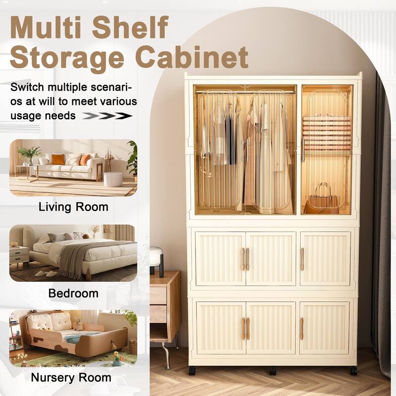Portable Wardrobe Closet Organizer with 9 Magnetic Doors, 9 Cubes, 1 Hanging Rod & 6 Hangers, Clothes Storage Cabinet
