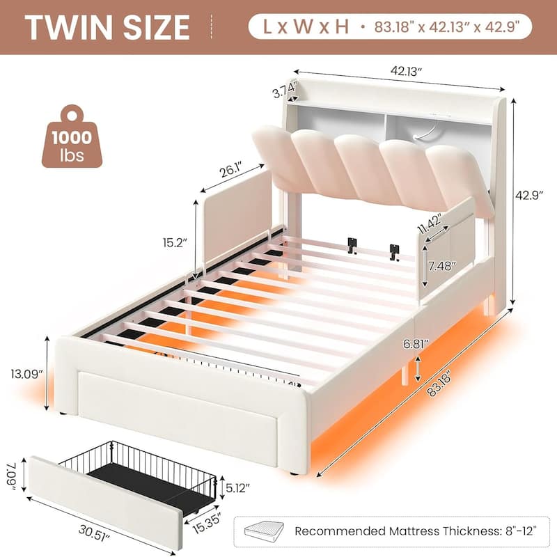 LED Bed Frame Storage DrawerSafety Guardrails Velvet Princess Platform Bed Kids