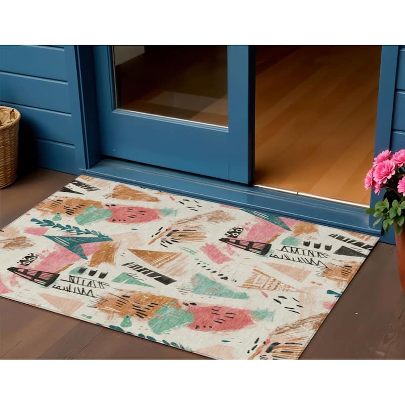 HomeRoots Abstract Transitional Rectangle Outdoor Rug - Blue/Ivory - 3' x 5'