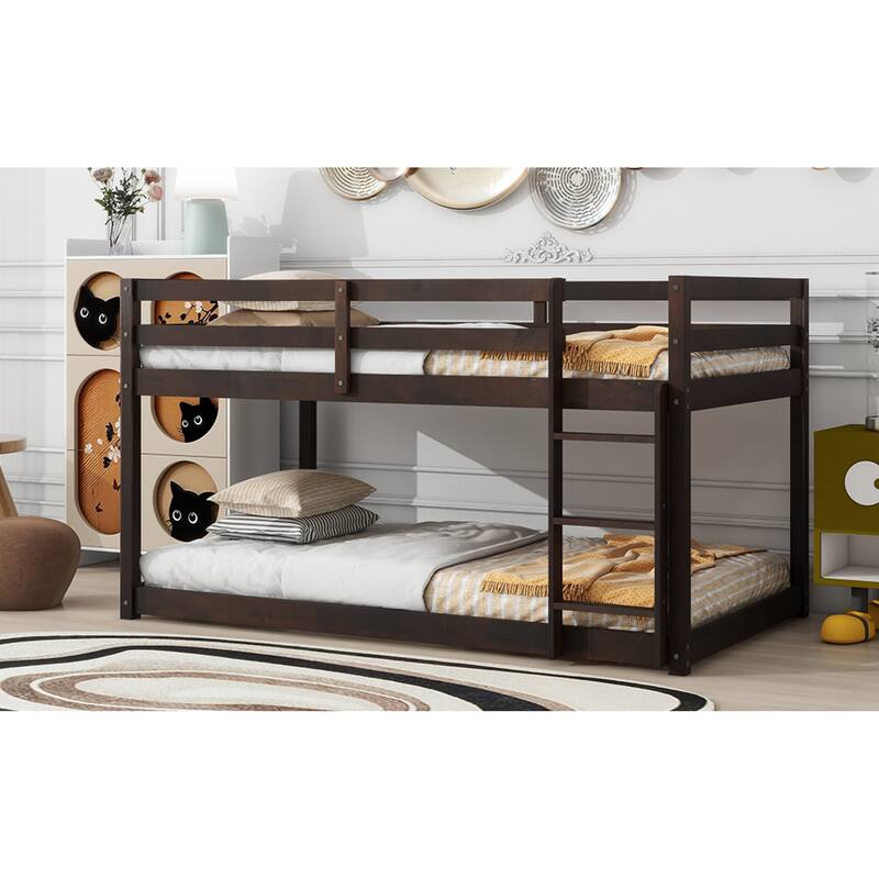 Roomfitters Solid Rubber Wood Twin over Twin Floor Bunk Bed with Ladder, Reinforced Slat Platforms, Low Height Design