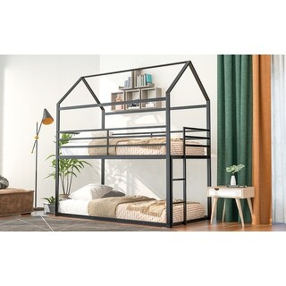 Twin House Bunk Bed with Metal Frame and Built-In Ladder
