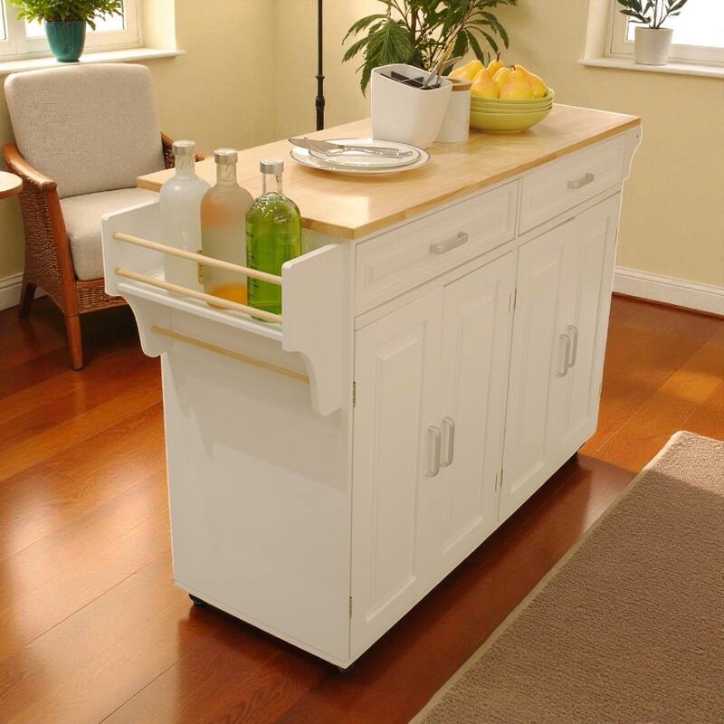 54" Mobile Kitchen Island Cart with Rubber Wood Top, 2 Drawers, Adjustable Shelves, Towel & Spice Racks on Wheels